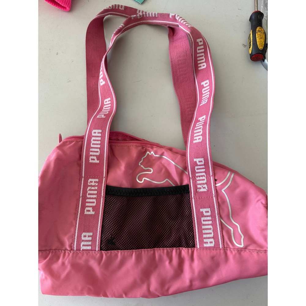 Puma Pink Nylon Mini Duffel Bag Gym Sporty Mesh Pocket Logo Straps